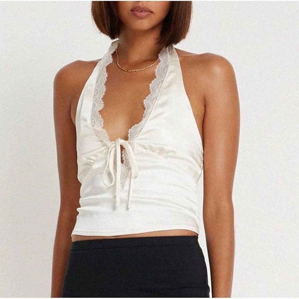 Commense Y2K White Satin Halter Top Lace Trim Plunge Backless Crop Size S - Picture 9 of 11